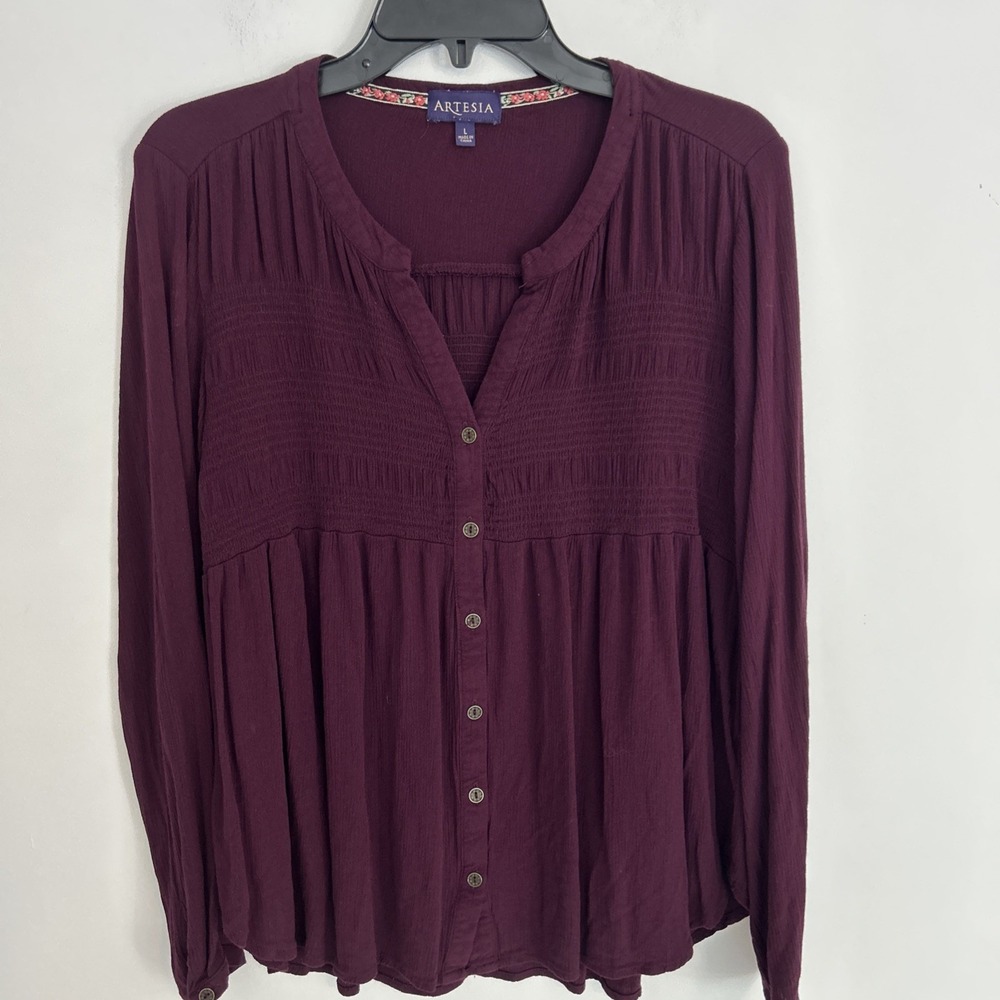 Artesia‎ Women's Long Sleeve Button Up Maroon Peasant Hobo Blouse Sz Large
